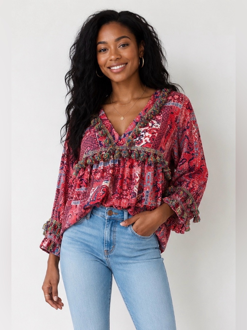 Velzera Boho Paisley Tassel Top | Size Small | Oversized Festival Blouse